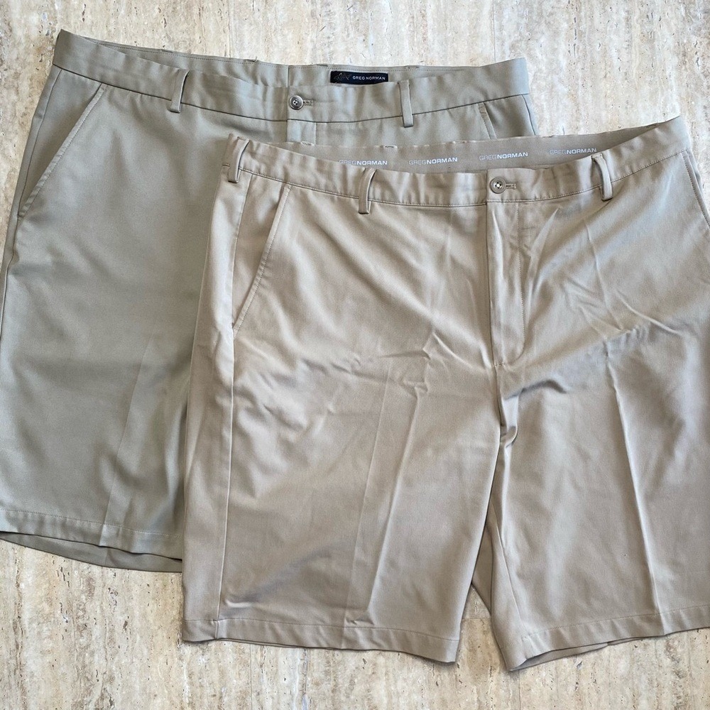 Greg Norman Golf Shorts Men 42 Khaki Tan Bundle Performance Flat Front 2 Pack